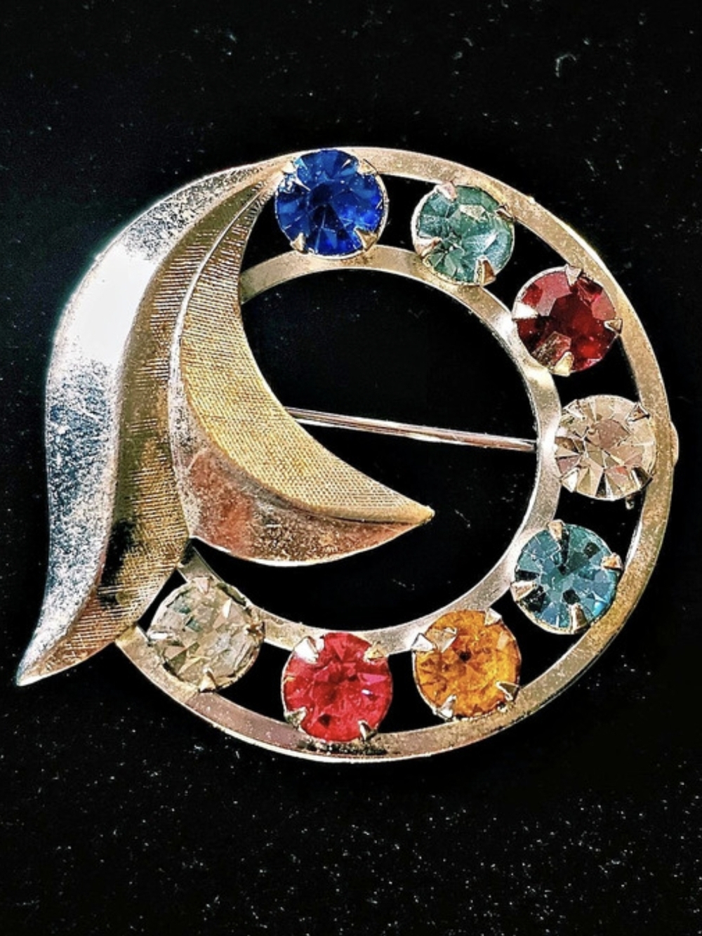 Vintage Signed Catamore Multi Colored Rhinestone Circle Brooch 12K filled